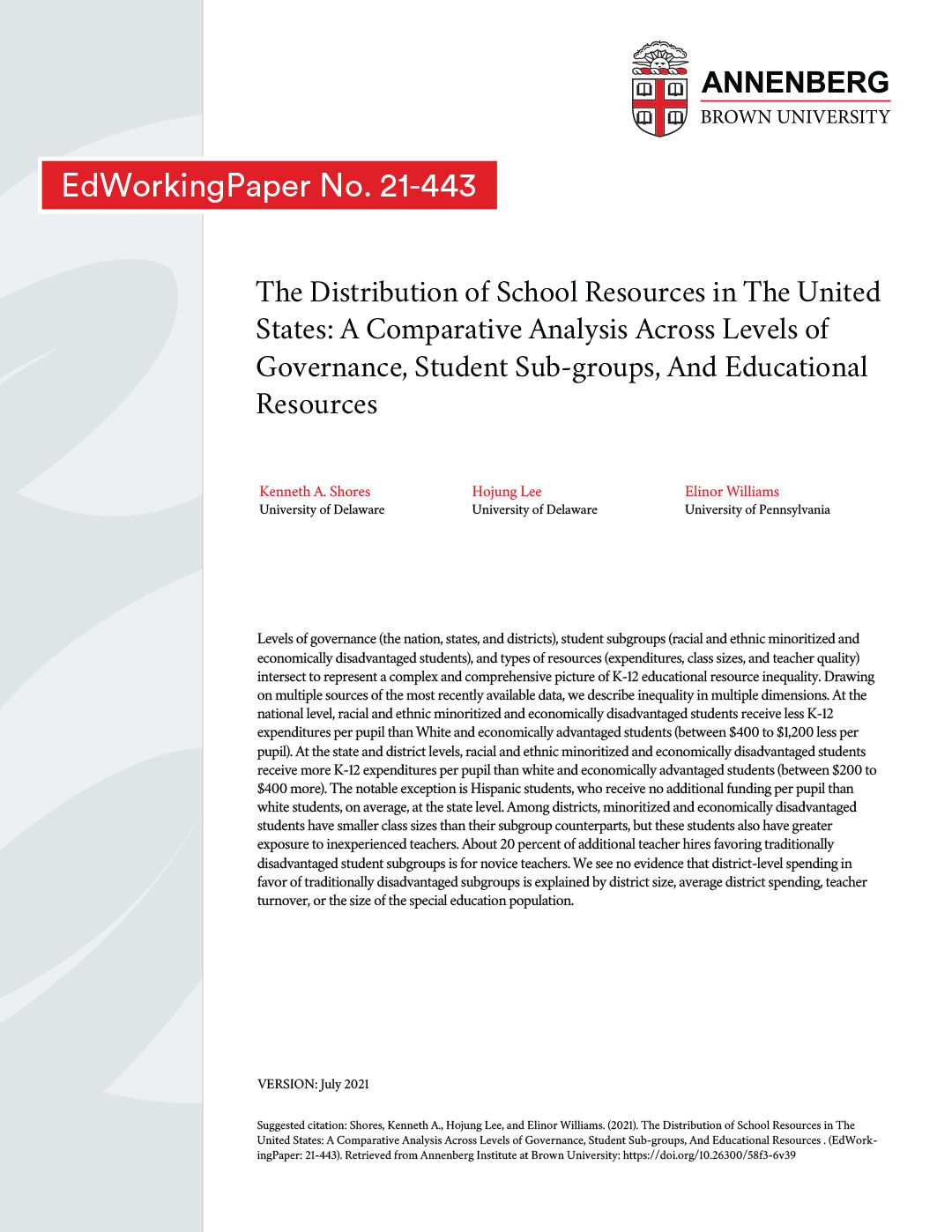 The Distribution of School Resources in The United States: A Comparative  Analysis Across Levels of Governance, Student Sub-groups, And Educational  Resources | EdWorkingPapers
